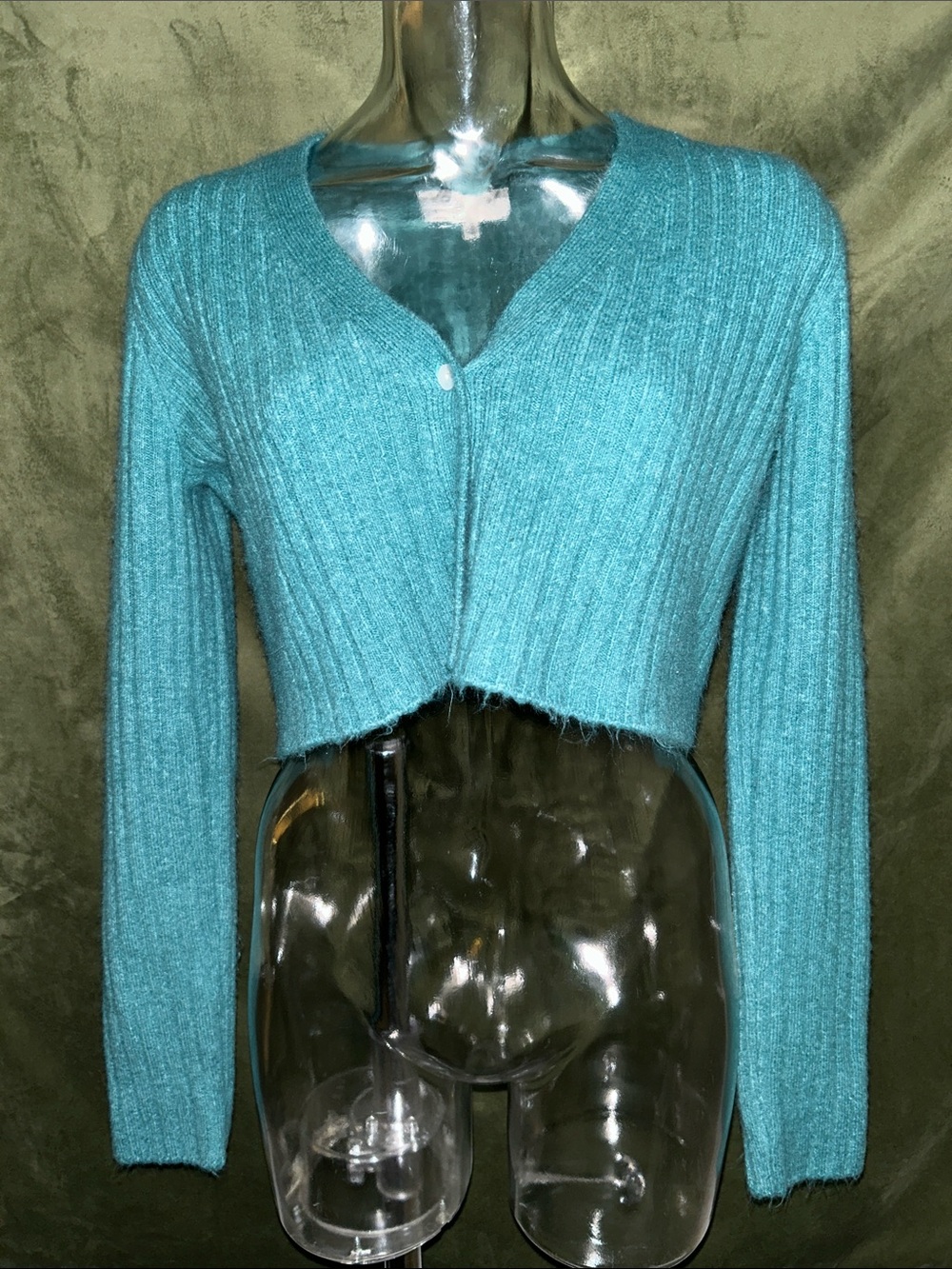 emory park Teal Ribbed Cropped V-Neck Button Sweater